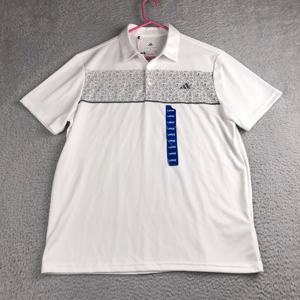 Adidas Golf Polo‎ Shirt Mens L White Floral Chest Print Performance NEW NWT